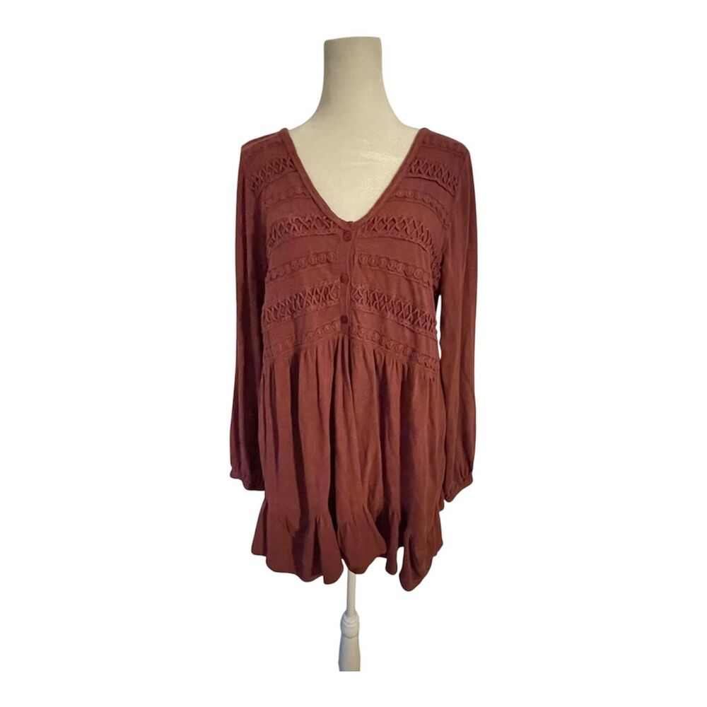 Anthropologie Tunic Womens M Burgundy V Neck Button Lace Trim Long Sleeve Boho